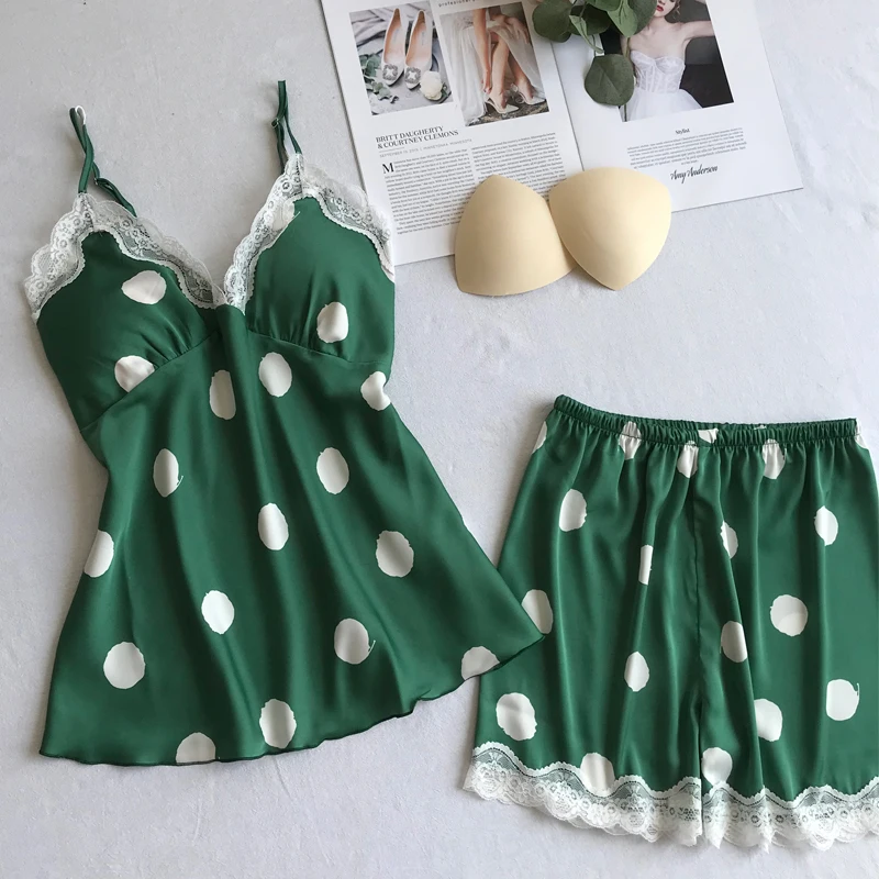 Женская пижама в горошек шелковая атласная летняя Пижама с v-образным вырезом