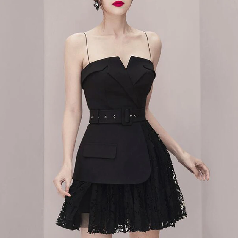 

Beateen New Women Dress Spaghetti Strap V Neck Ruffles Lace Sexy Dress Floral Party Dress Summer New Fashion Elegant Dress 2020