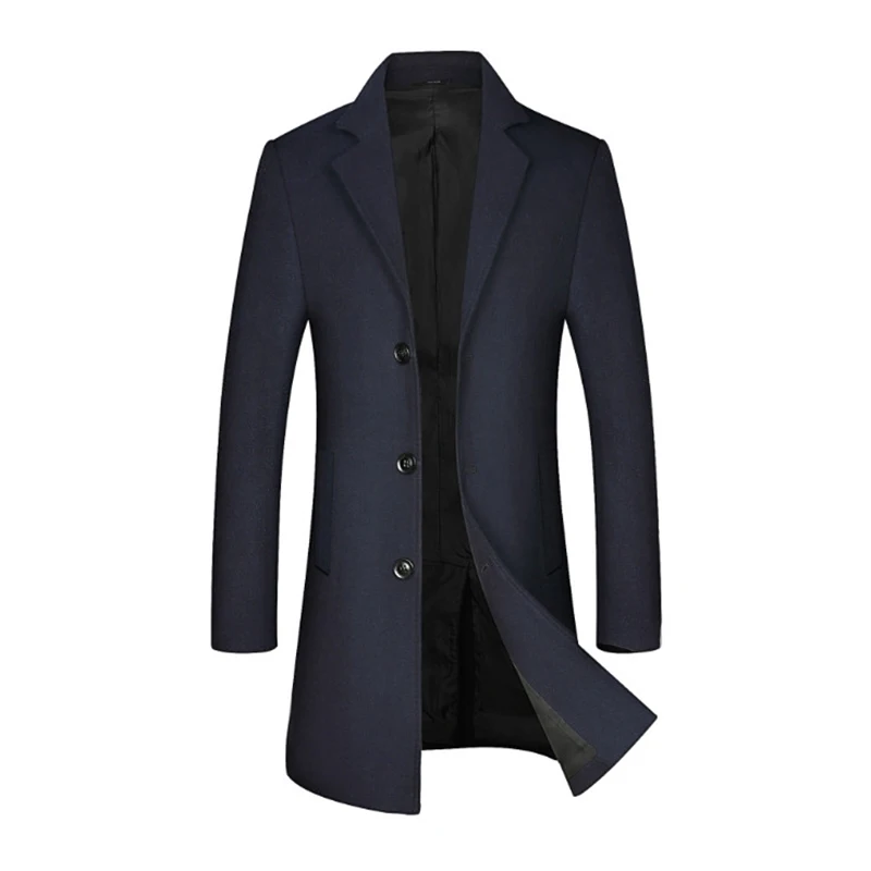 Dark Blue Новое поступление, шерстяное пальто, мужская зимняя куртка, повседневное длинное шерстяное пальто, Мужской приталенный Тренч, пальто без шарфа - Цвет: Dark Blue