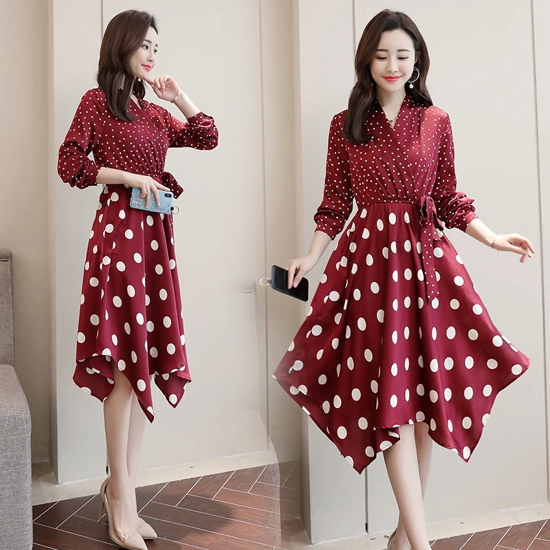 Осеннее Ретро красное платье в горошек с длинными рукавами Элегантный