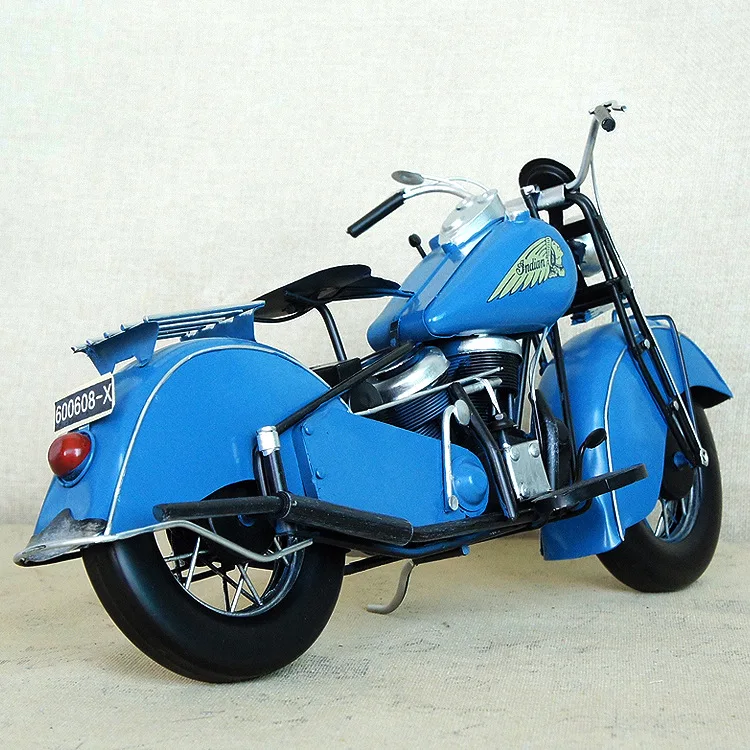 Модель мотоциклетная металлическая ручной работы в стиле ретро большая синяя