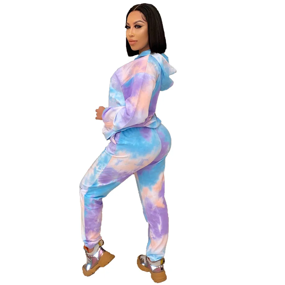 

2020 Women Casual 2-piece Outfit Set Long Sleeve Tie-dye Print HoodiePants Set for Ladies Daily Wear Body Sweatshirt