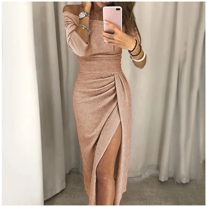 

Womens Long Skirt With Collar And Hip Slits Sparkling Dinner Party Club Dress Formal Wear