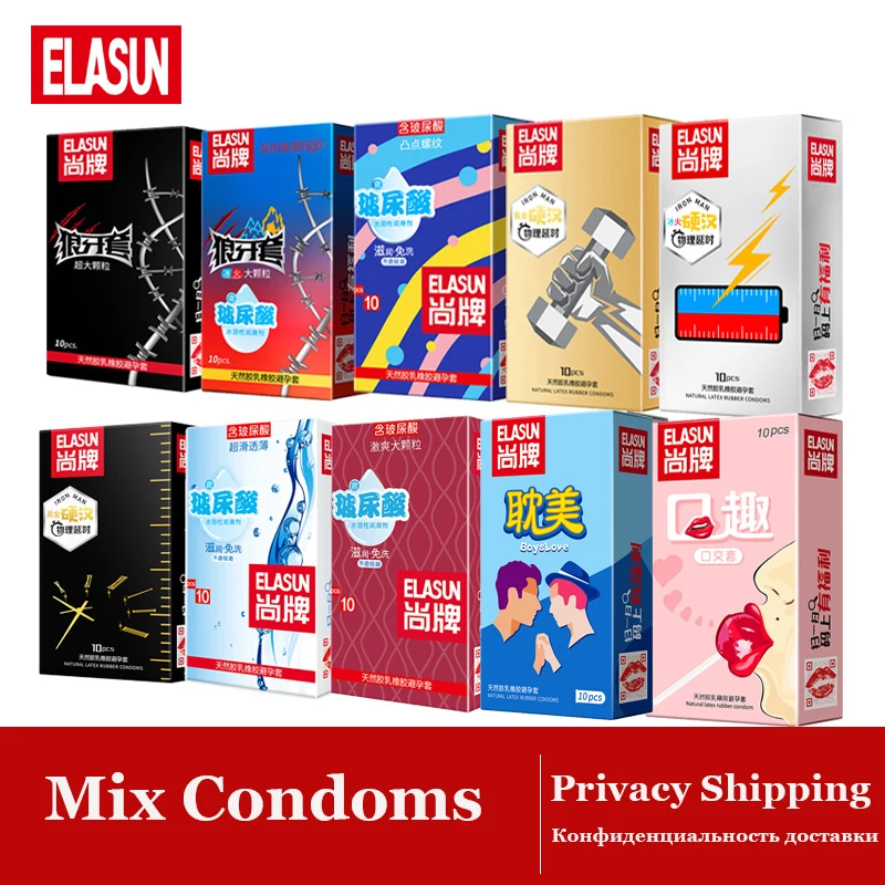 ELASUN Condoms 10 Boxes Mix Spike Dotted Smooth Delayed Ejaculation Condom For Men G Point Passion Penis Sleeve Contraception