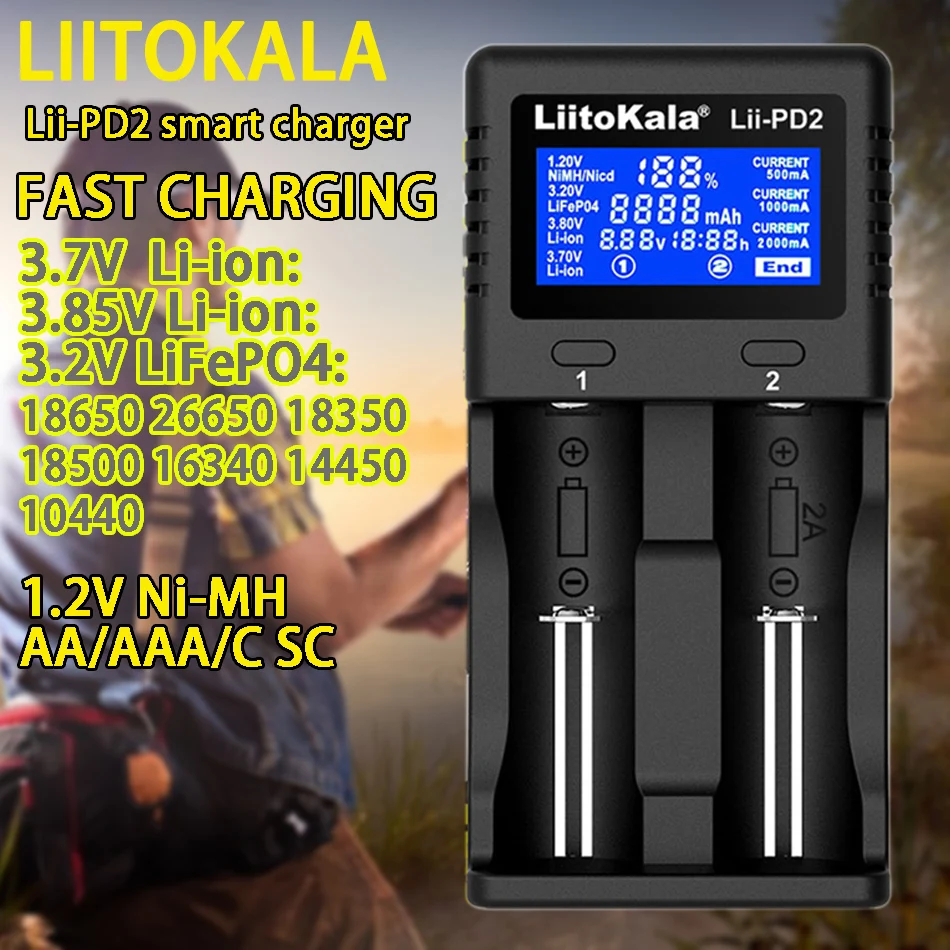 

LiitoKala Lii-PD2 Lii-PD4 battery charger for 18650 26650 21700 18350 AA AAA 3.7V / 3.2V / 1.2V lithium-NiMH batte