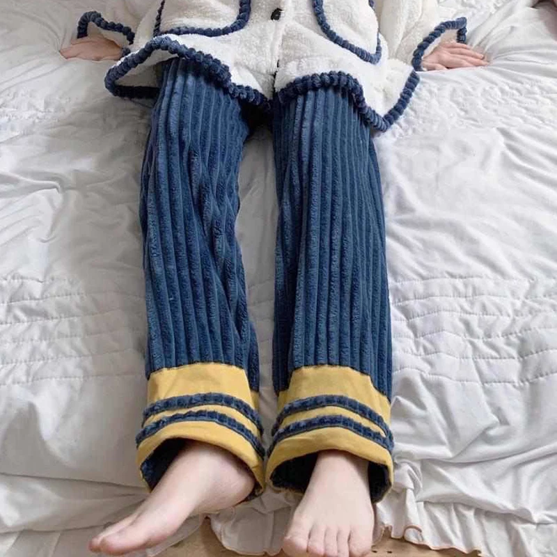 

Turn-down Collar Pajama Sets Women Paneled Patchwork Student Coral Fleece Soft Pockets Bow Cute Girls Two-pieces Home Clothes