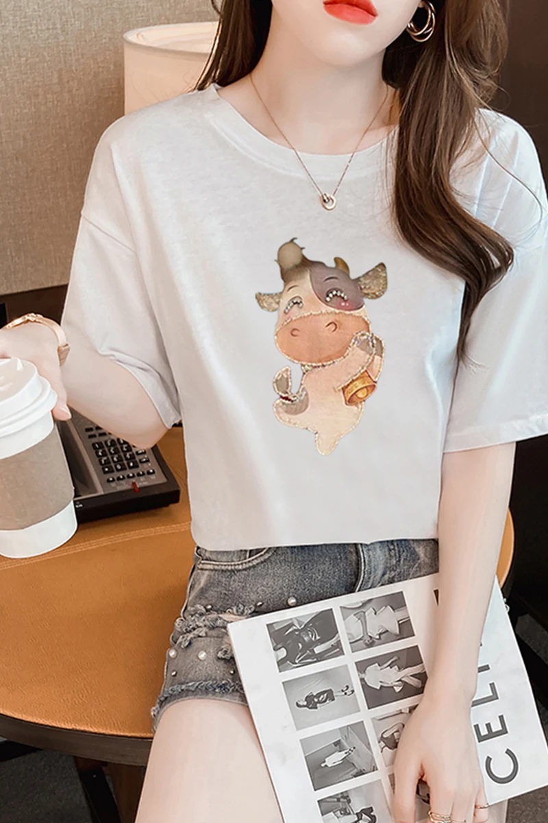 

2021 New Women Tops Shirts Cotton Office Lady Short Sleeve O-Neck T-Shirts Cartoon For Girls Summer Loose Casual White T-Shirts