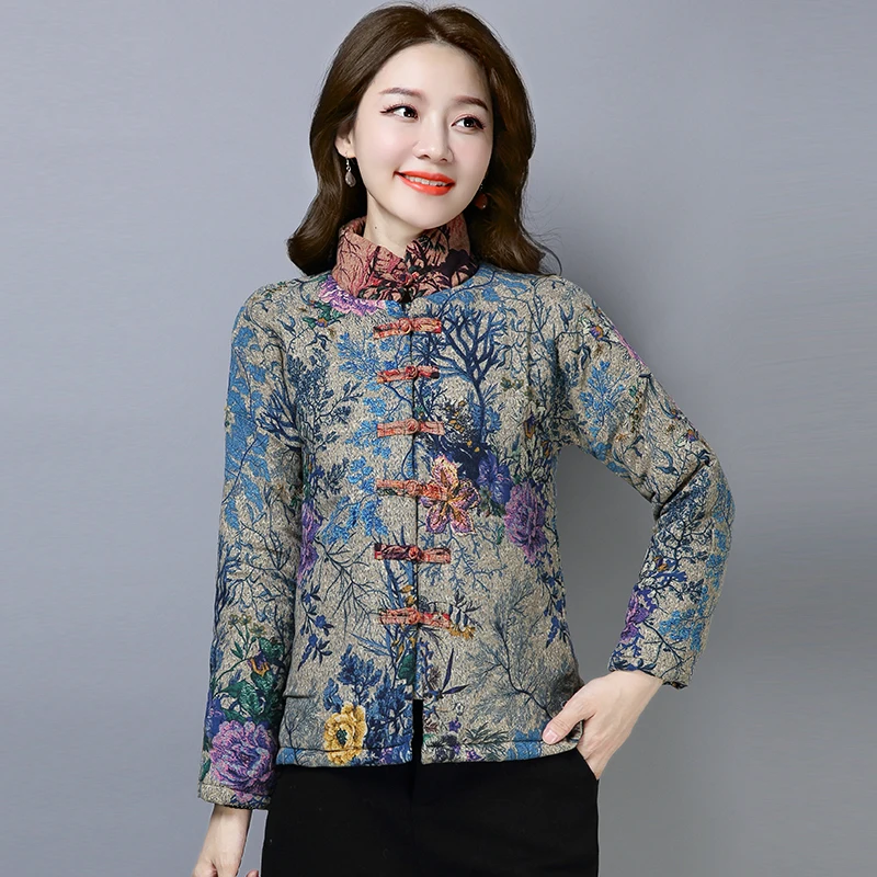 2019 Autumn Women's Retro National Wind Coat Short Section Thin Disc Buckle Printed Cotton Parkas | Женская одежда