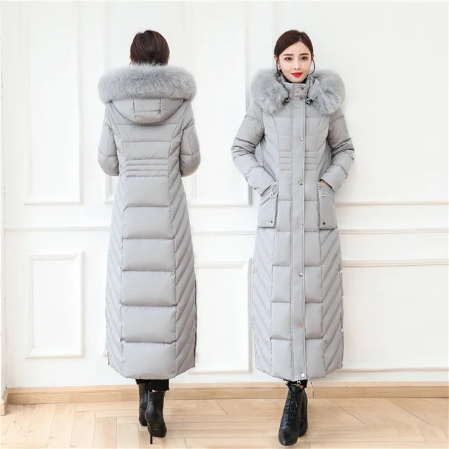 S- 4XL plus size Winter over the knee X-long 90% Duck down coat female X-Long thick warm Down Jacket real fox fur Parkas F442