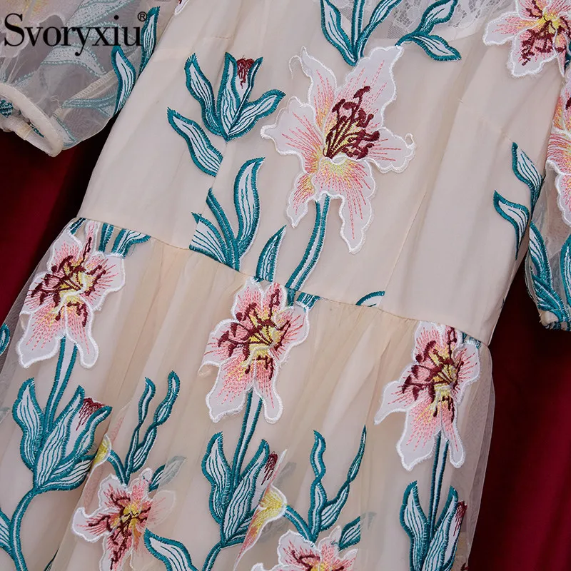 

Svoryxiu 2021New Women's Summer Runway Mesh Long Dress Short Sleeve Lily Flower Embroidery Elegant Dresses Vestdios