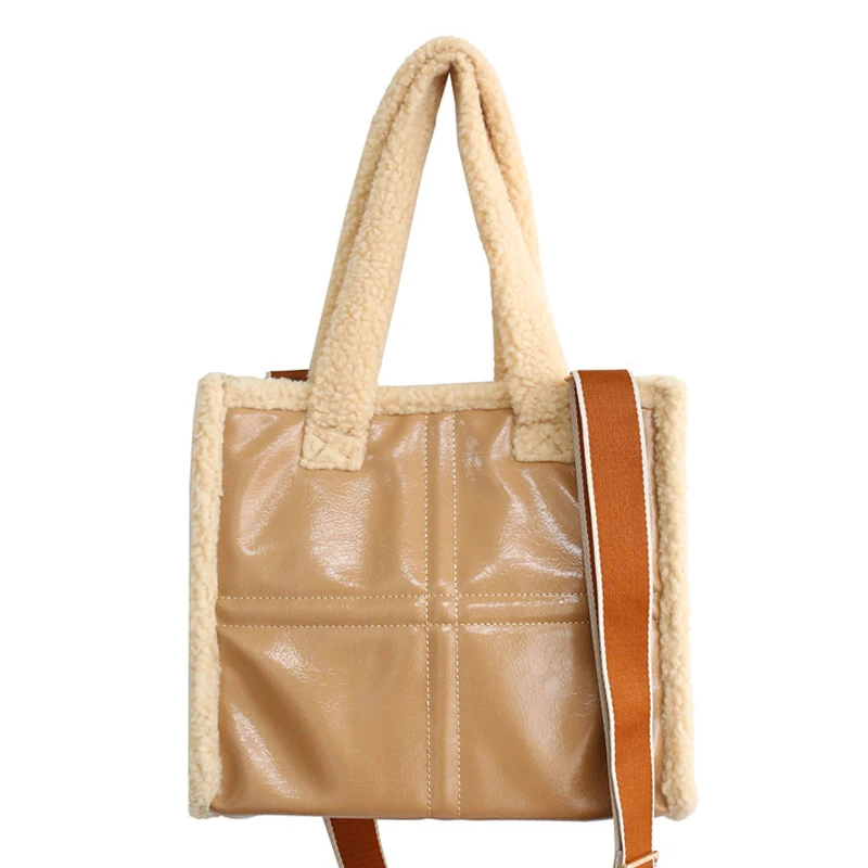 

Winter Lambswool PU Leather Patchwork Handbags Shoulder Bags For Women 2021 Fashion Ladies Crossbody Bag Designer Trend Tote Bag
