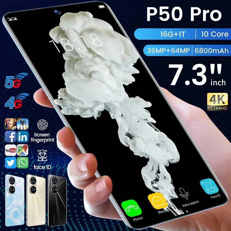 

Φ P50 Pro глобальная версия 7,3 дюймов Android 10,0 мобильный телефон ны телефон с разблокировкой по отпечатку пальца и распознаванием лица