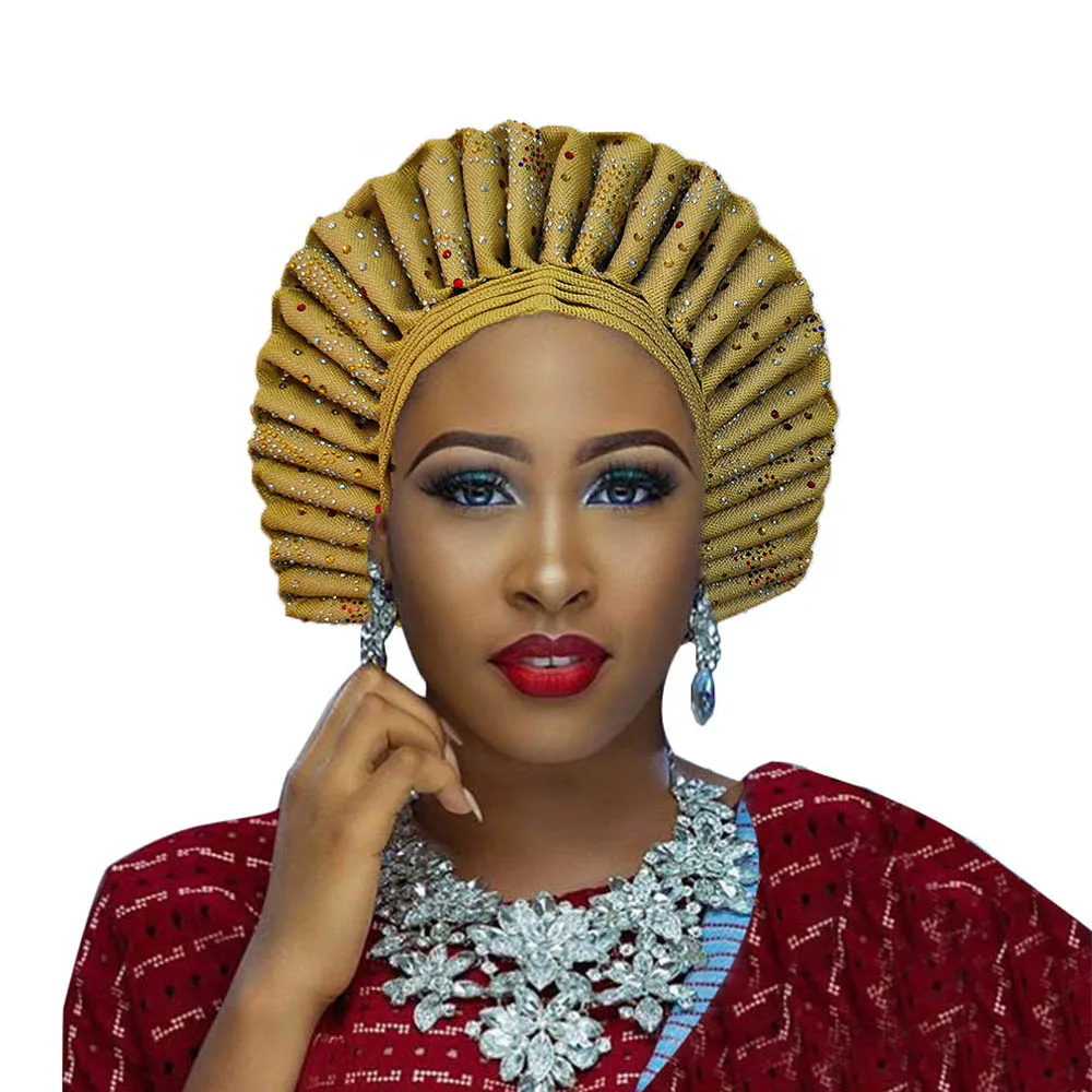 Высокое качество aso oke gele африканские головные уборы с камнями - Цвет: gold