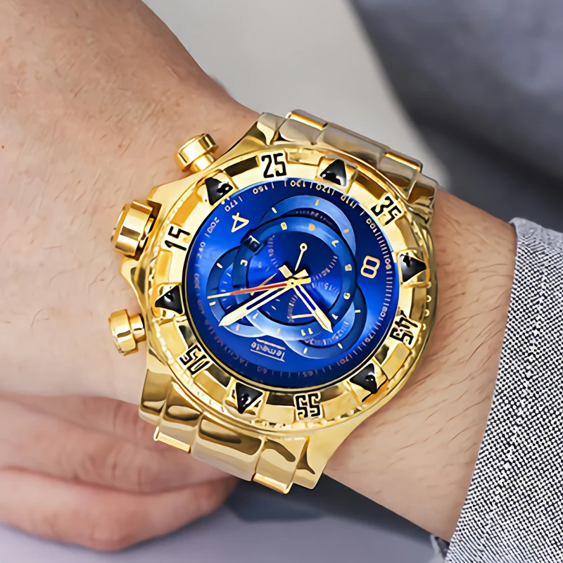 Часы Temeite Мужские Наручные с большим циферблатом брендовые золотистые