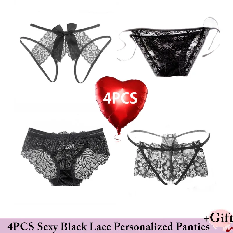 

4PCS Black Women Beautiful buttocks underwear full transparent sexy cute lace open file temptation hollow free take off briefs