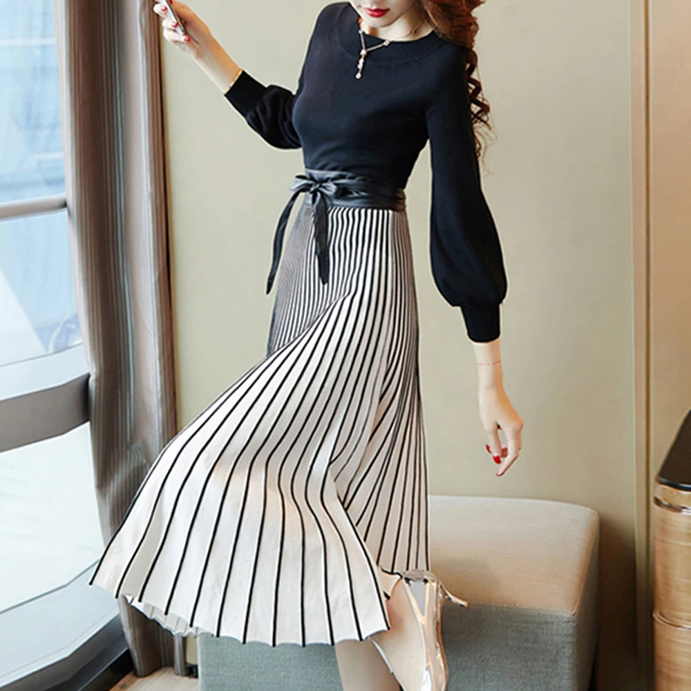 

2021 Fashion New Trends Casual Streetwear Office Lady Mid-Calf Round Neck Patchwork Three-Quarter Sleeve Ladylike Women's Dress
