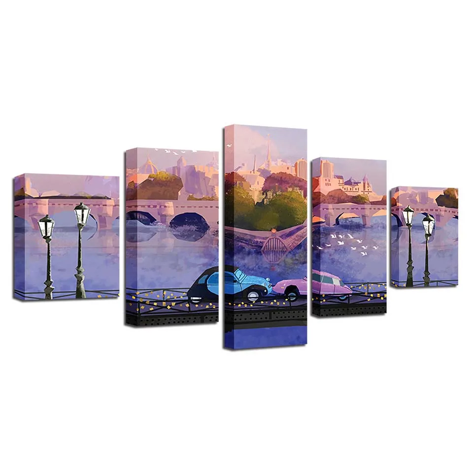 

Painting HD Prints Canvas Home Decor Car 5 Pieces Building Wall Art Modular Landscape Pictures Bedside Background Artwork Poster