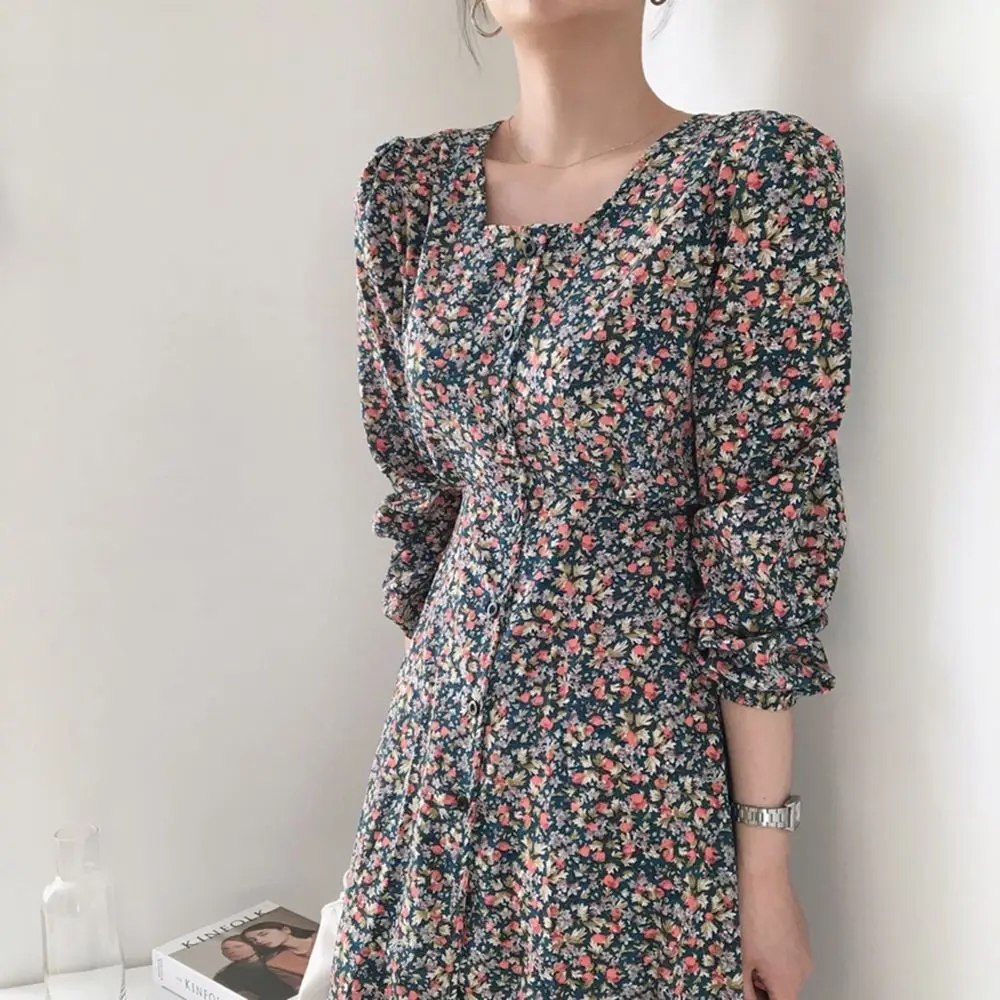 

Women Florals Print Chic Sexy Feminine Vintage Elegant Sweet Single-Breasted High Street Casual Dresses