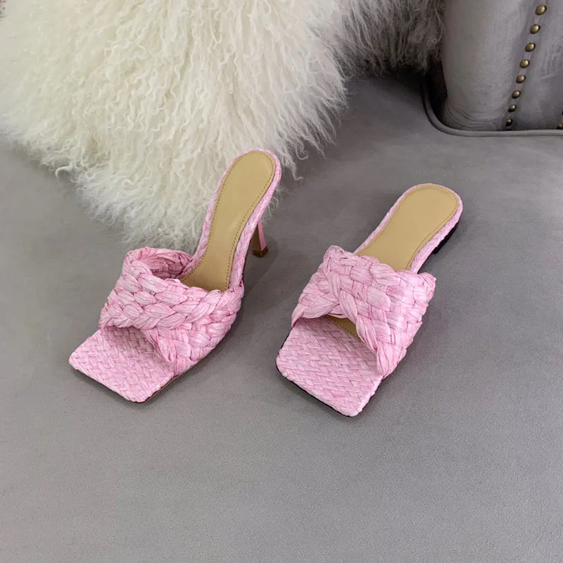 

Woven square open toe high heel slippers for women