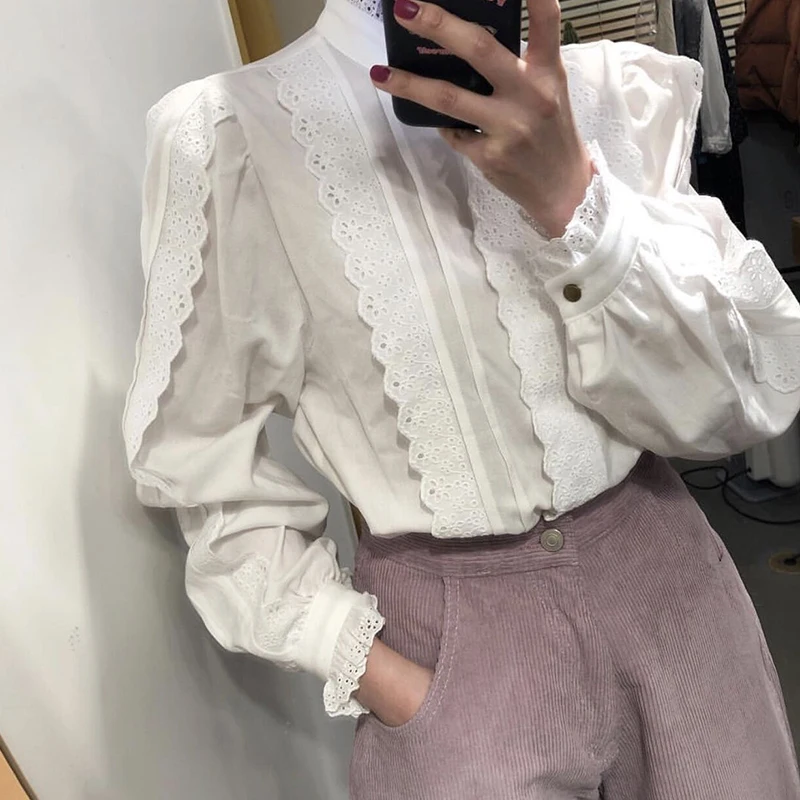 [EWQ] ажурная кружевная блузка с рукавами-фонариками и крючком Новинка осени 2019