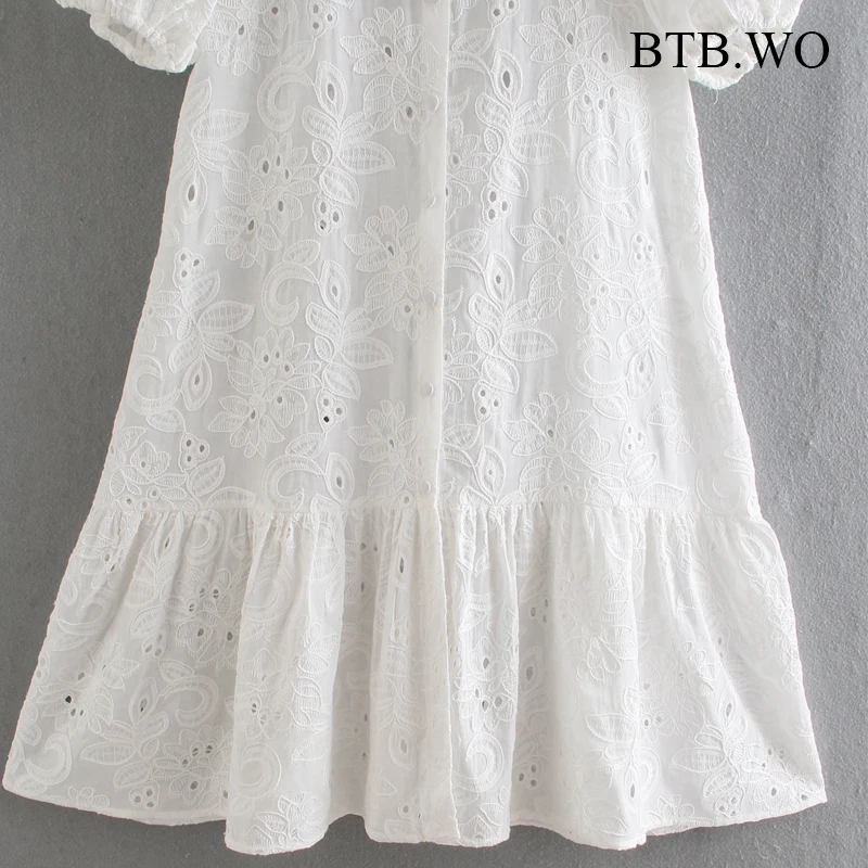

BTB.WO Summer 2021 Women Fashion White Hollow out Embroidery White Midi Dress Ladies Casual Loose Business Vestido