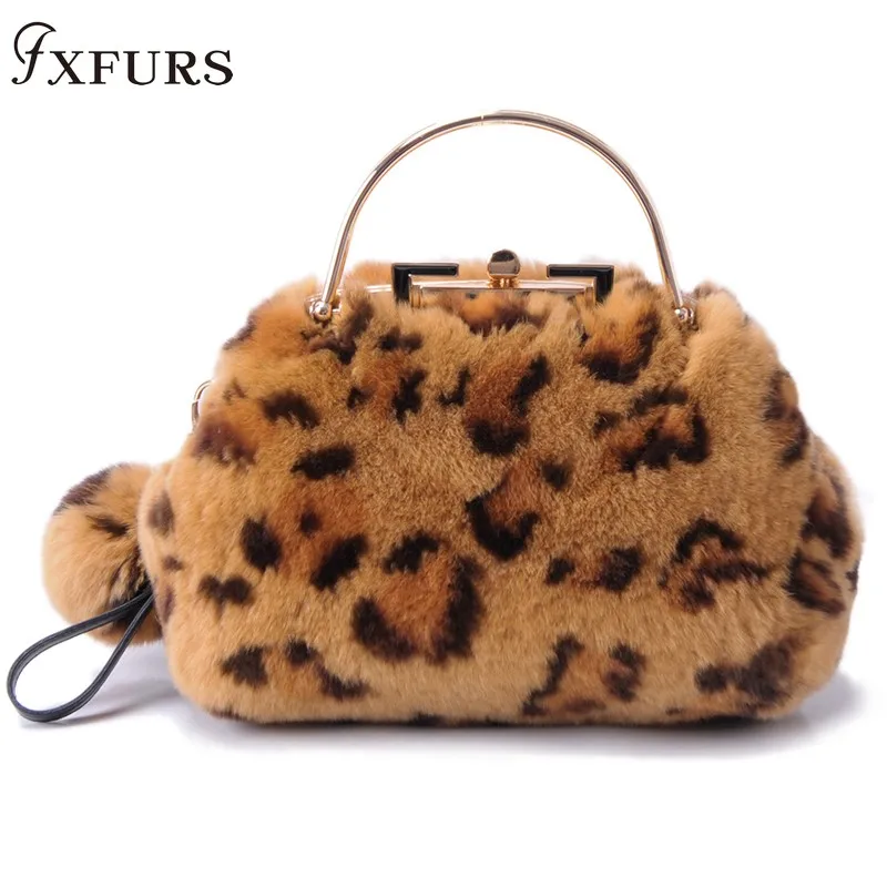 

2020 New Rex Rabbit Fur Handbags Clip Package Leopard Print Single Shoulder Fashion Chain Bag Girl Lover Winter Warm Fur Wrist