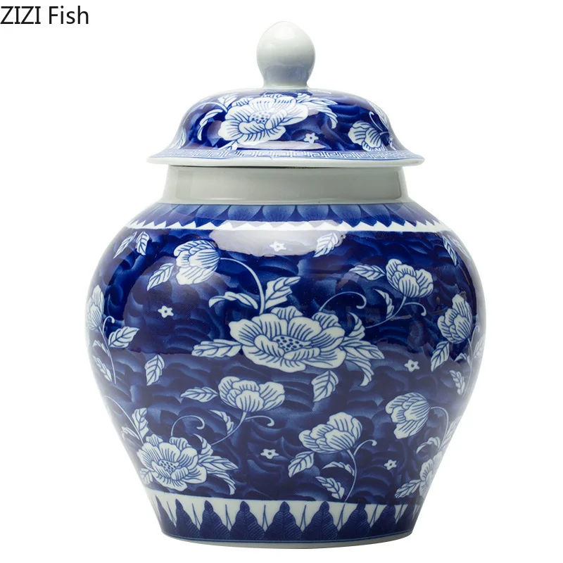 Ретро сине-белая фарфоровая банка общего назначения Лотос окрашенная