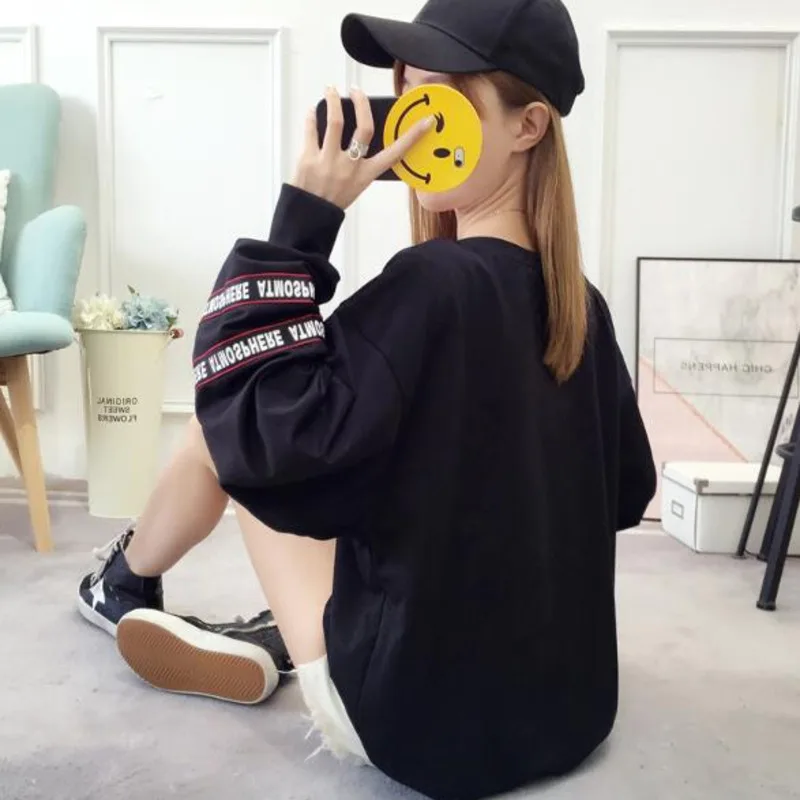 

#2322 V-neck Sweatshirts Ladies Long Sleeve Letter Print Cotton Tops Female Casual Loose Sweatshirt Femme Black White Red Spring