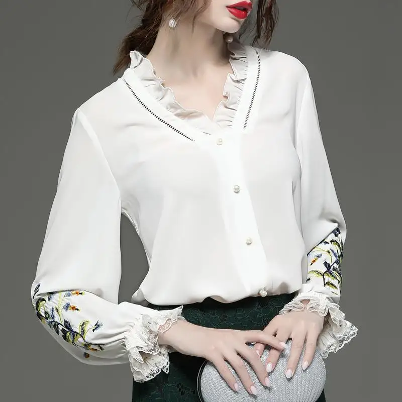 Женская шифоновая блузка с оборками и V образным вырезом|Блузки| |