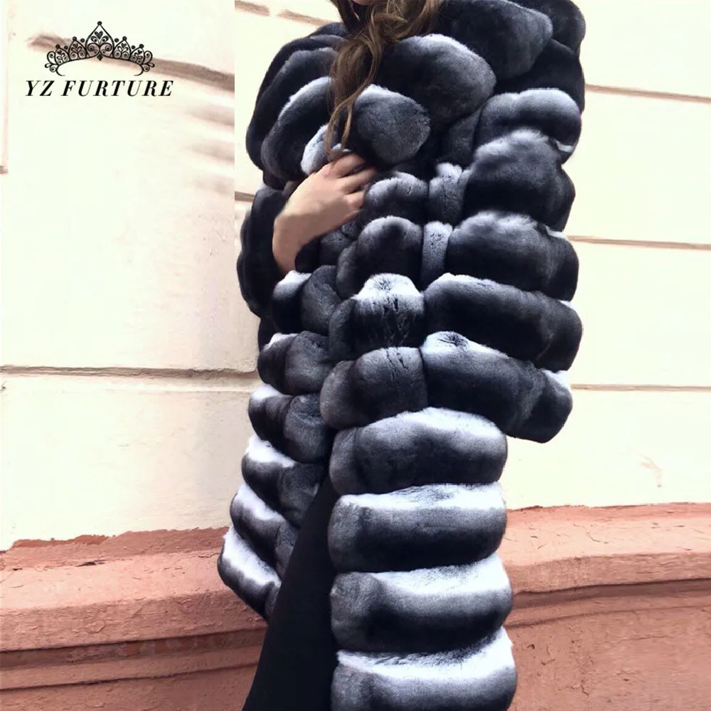 Натуральный зимний настоящий Шиншилла Шуба из кролика Рекс с большим отложным воротником длинный Полный Пелт куртка с мехом кролика рекс из натуральной RB-089