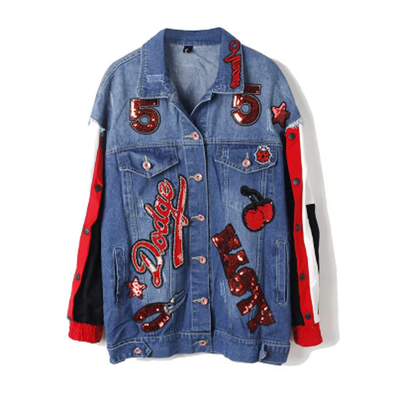 Синее Женское пальто в стиле хип хоп 2019 с геометрическими аппликациями джинсовая