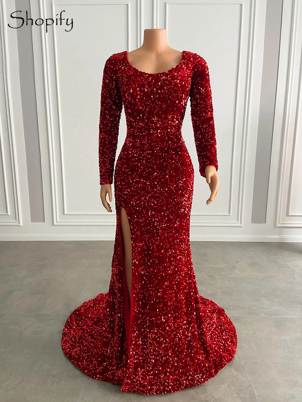 

Elegant Long Sleeve Sexy Mermaid Style High Slit Sparkly Sequined African Women Long Red Evening Dresses 2022