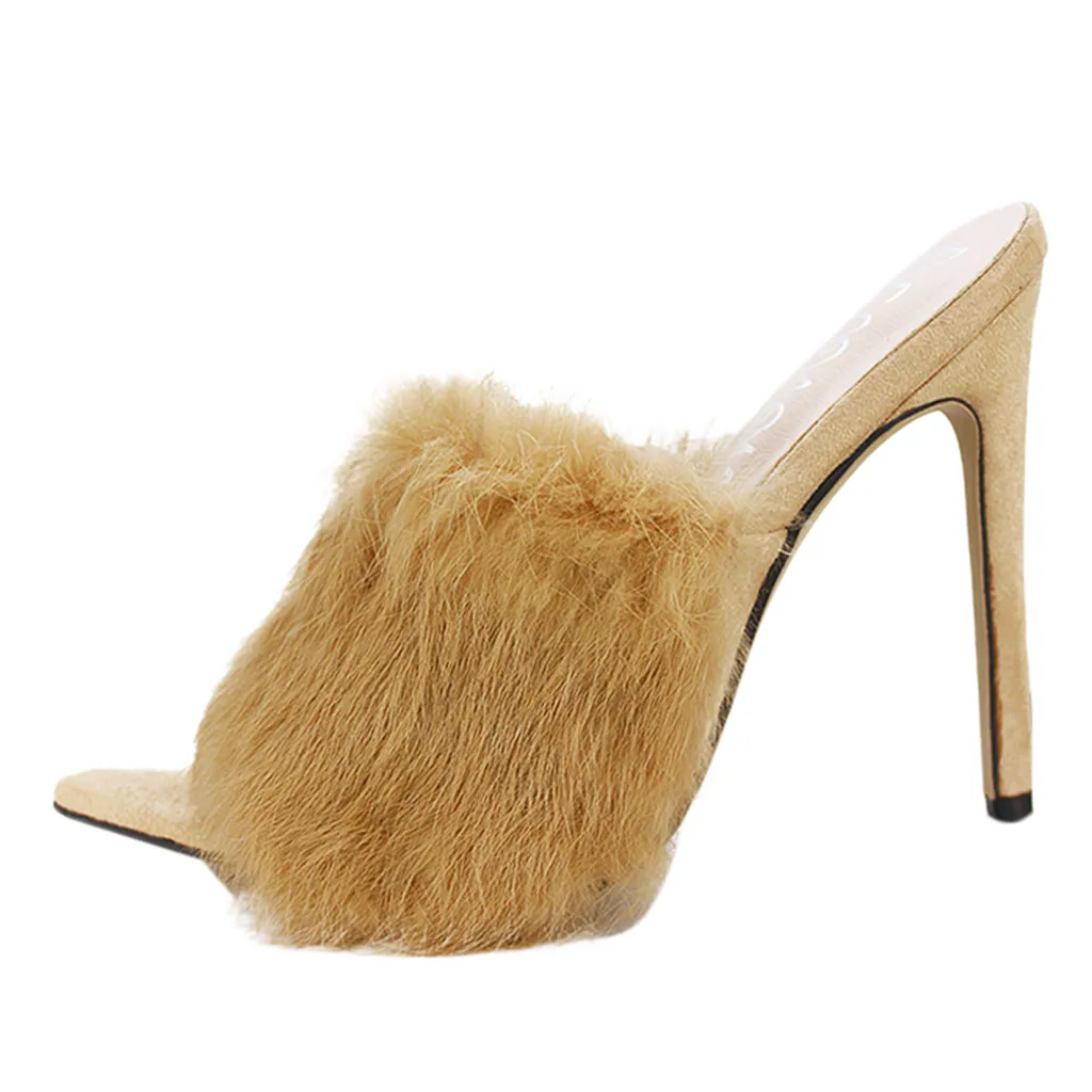 Женские туфли на высоком каблуке пикантные сандалии с кроличьим мехом открытым