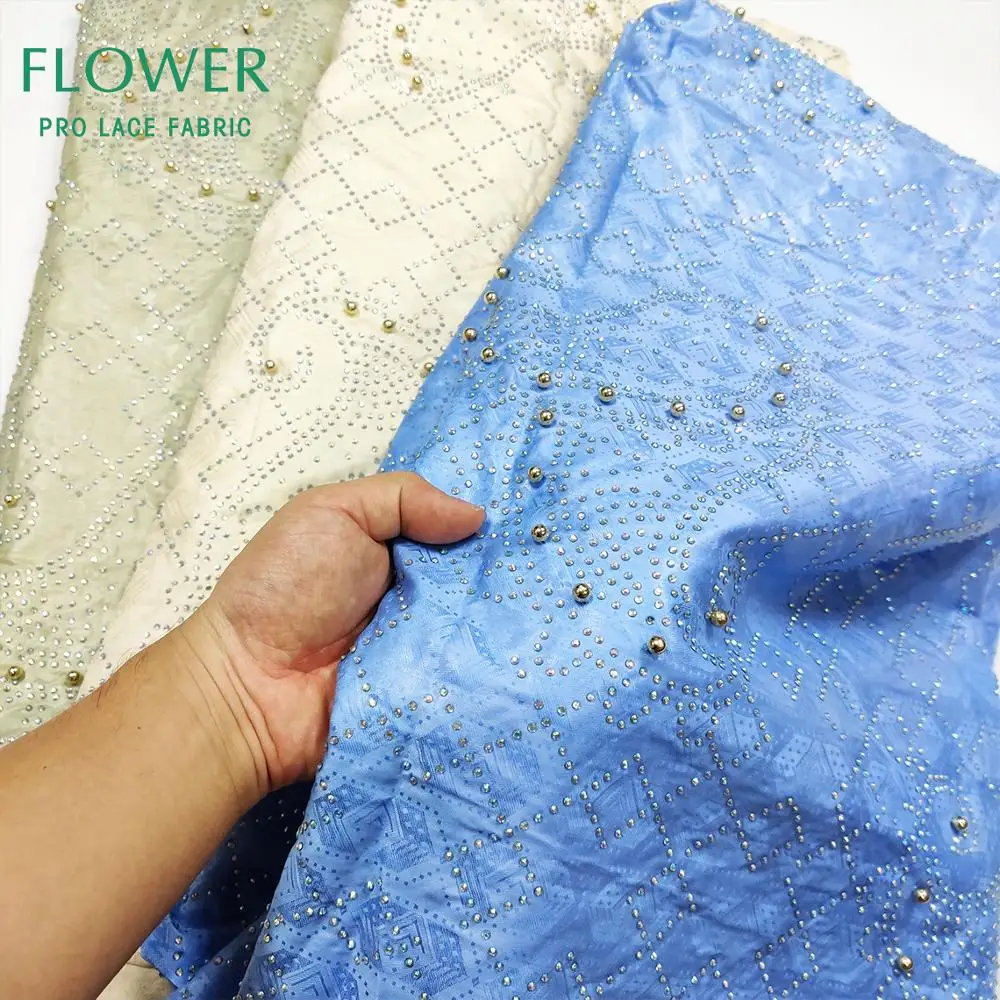 Beige Bazin Riche Lace Fabrics With Stones And Beads Soft 100% Cotton Nigerian Guinea Beaded Wedding Dress Sewing Basin Material | Дом и сад