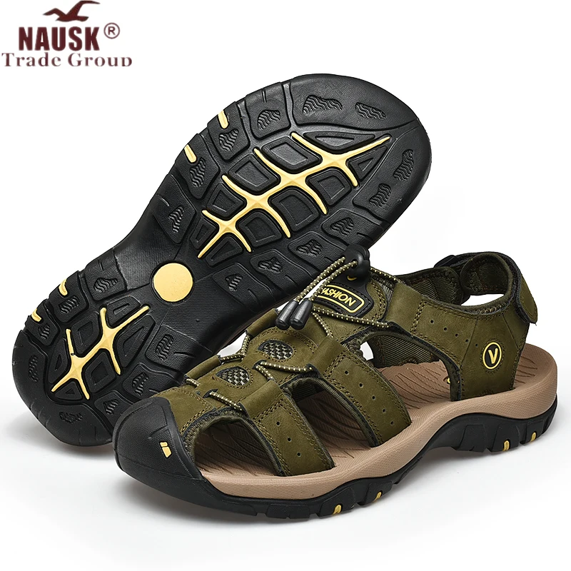 Мужские сандалии из натуральной кожи NAUSK черные пляжные повседневные уличные