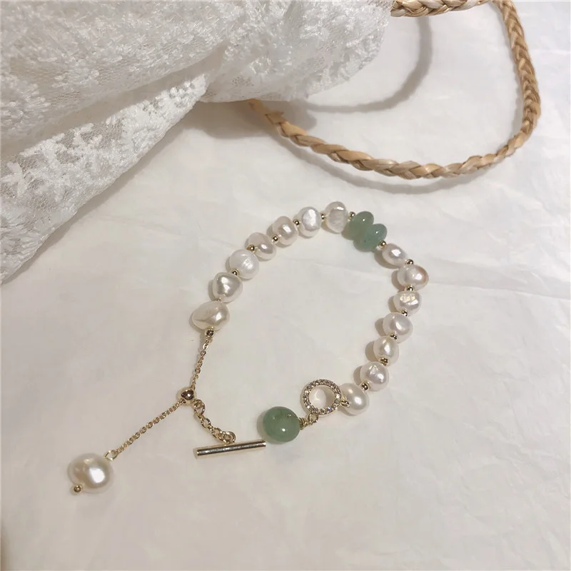 

New Korean Fashion Fresh Water Pearl Baroque Gold Plated Ggate Stone Pull Women's Bracelet