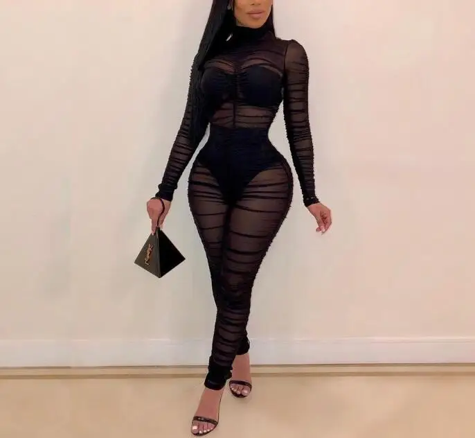 Sexy Black Sheer Mesh Clubwear Jumpsuit Rompers Women Autumn Long Sleeve Turtleneck Skinny See-through Party Club Long Overalls