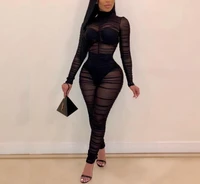 sexy black sheer mesh clubwear jumpsuit rompers women autumn long sleeve turtleneck skinny see through party club long overalls