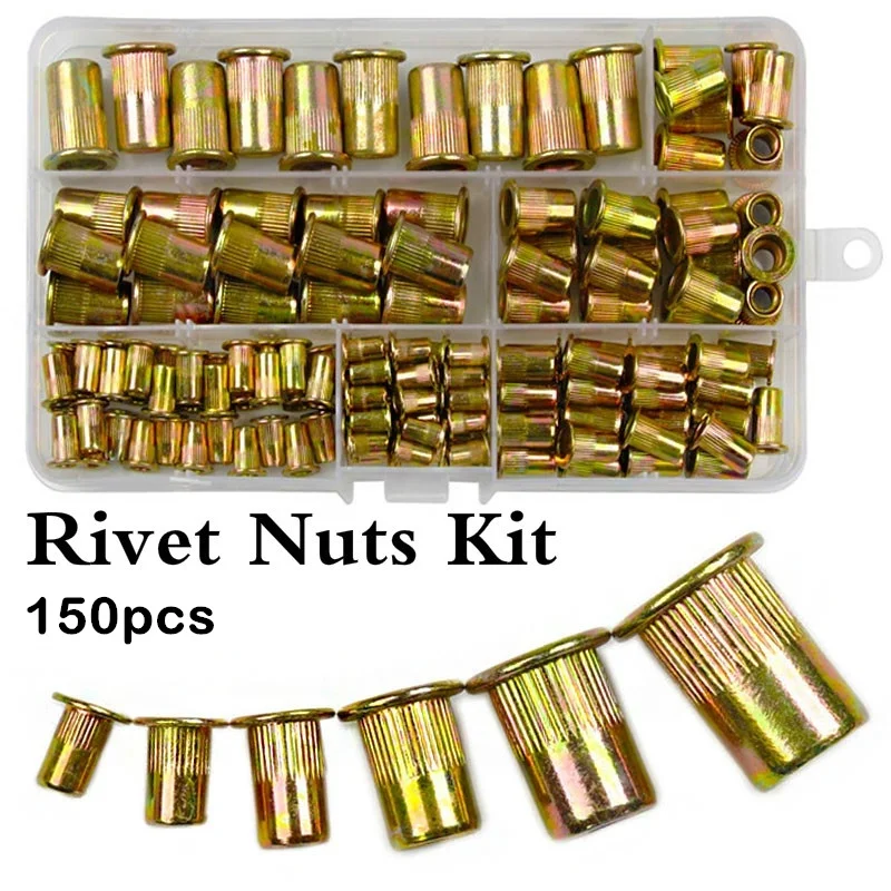 

150PCS Flat Head Rivet Nuts M3 M4 M6 M8 M10 Carbon Steel Rivet Nuts Set Nuts Insert Riveting Set