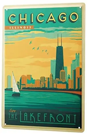 

Tin sign Home Decor Plaques Deco City Chicago Skyline Sailboat River Side