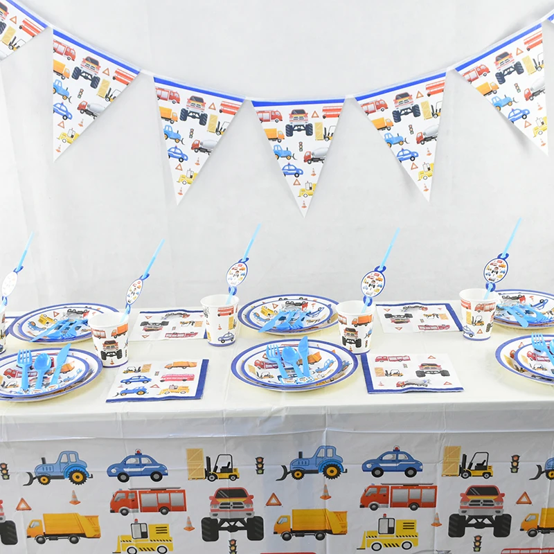 

Construction Engineering Vehicles Disposable Tableware Plates Cups Napkins Banner Excavator Vehicle Theme Birthday Party Balloon