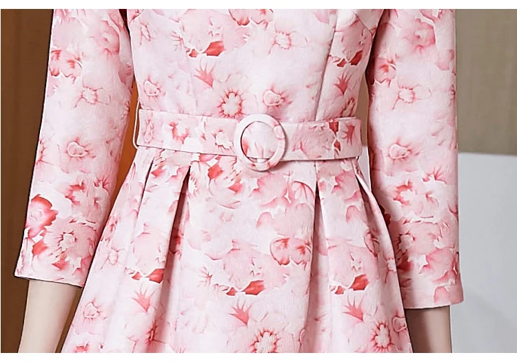 

Women's Spring Runway Elegant Pink Dress Fashion O-Neck 3/4 Sleeve Print Slim Retro Dresses Vestdios