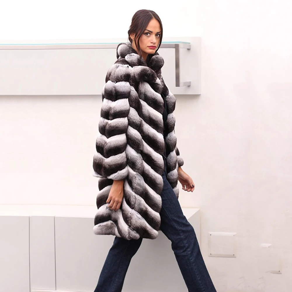 90cm Long Real Fur Coats Women Winter Chinchilla Color Natural Whole Skin Rex Rabbit Fur Coat Genuine 2022 Trendy Fur Overcoats
