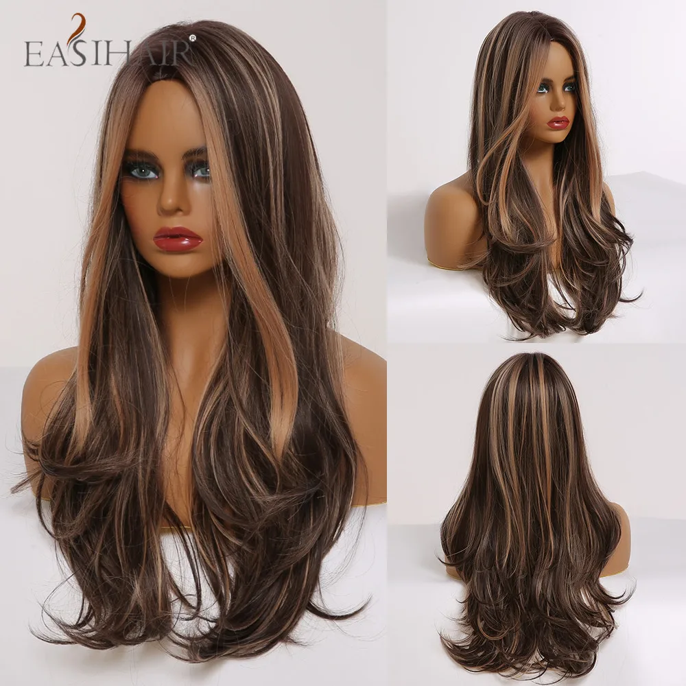 EASIHAIR длинные волнистые коричневые синтетические парики с светлыми бликами