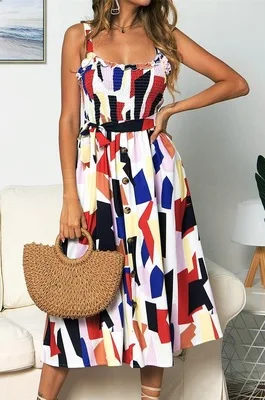 

Summer New Women Sling Dress Bow Fashion Casual Printing Dress Buttons Ruffle Petal Long Sleeve Knee-Length Female Dress