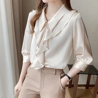 korean office lady elegant ruffle chiffon shirts women chic apricot turn down collar summer blouse female fashion workwear tops
