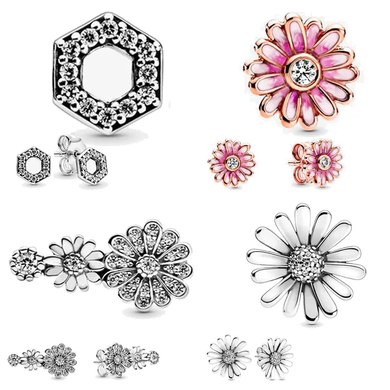 

Hot Fashion 100% 925 Sterling Silver Earrings Pink Daisy Flower Stud Earrings Women Anniversary Engagement Jewelry Gift
