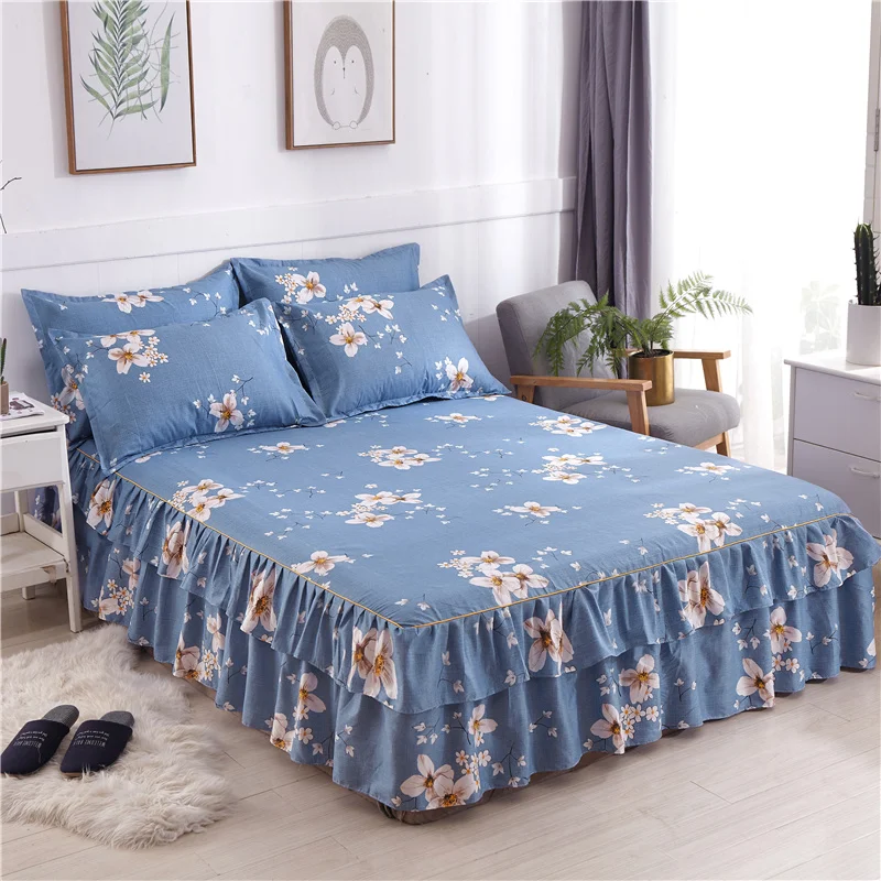 

Floral Bedspread 200x220 Brushed Sanding Bed Skirt King Queen Size Soft Comfortable Double Layer Graceful Lace Wedding Bed Cover