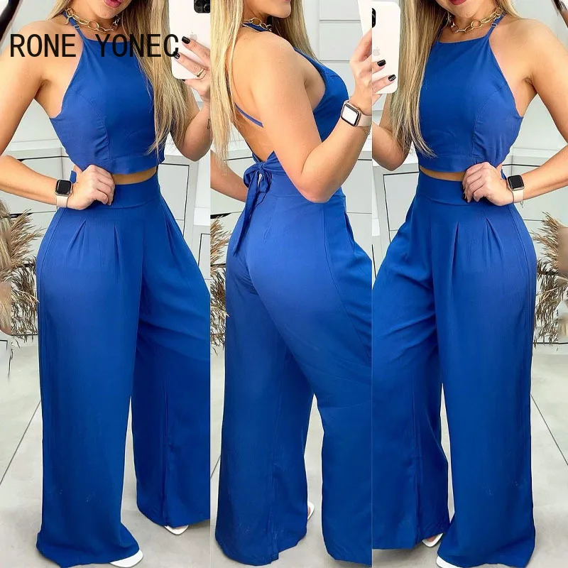 Women Casual Solid Halter Lace Up Crop Backless Sexy Straight Leg Pants Sets