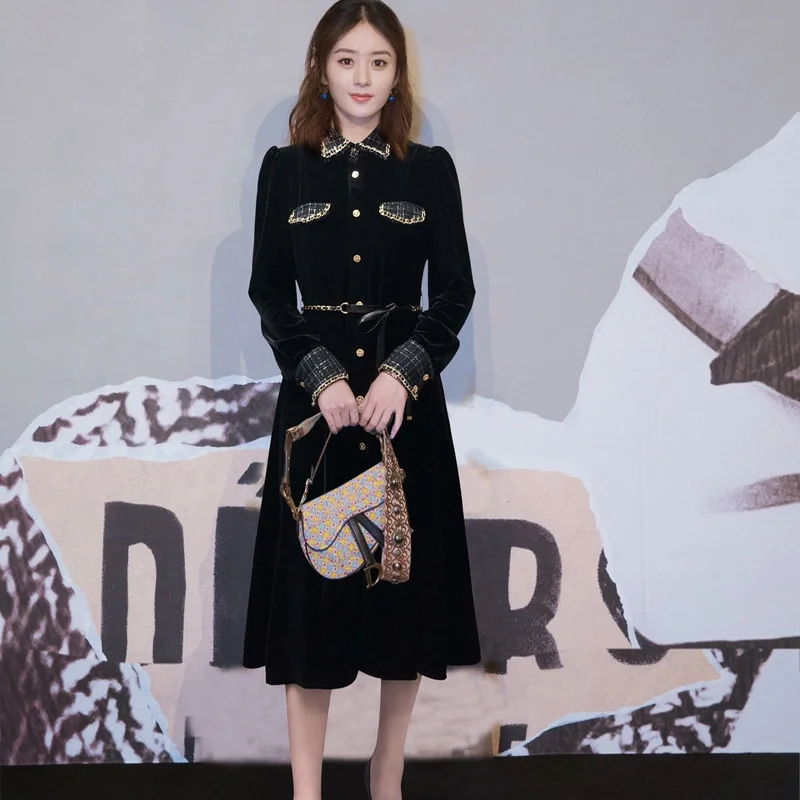 

2021 autumn and winter new Zhao Liying same temperament small fragrance tweed Lapel stitched velvet chain dress